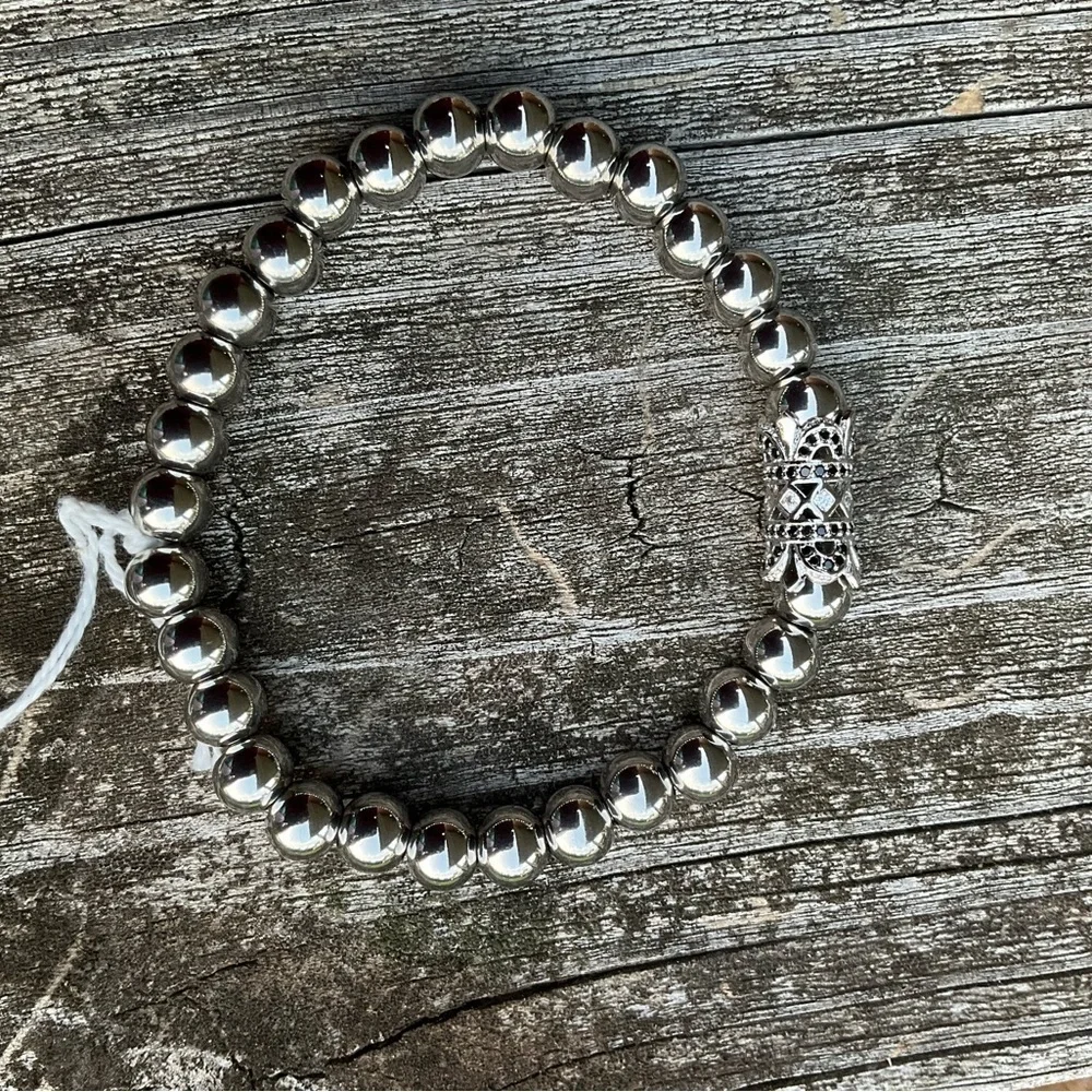 Hand Crafted Silver Beaded Bracelet Pave Stretch 7” Unisex Steel Beads